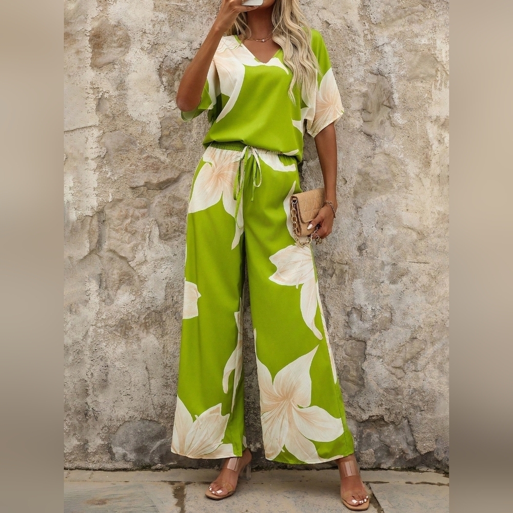 Women's Summer Casual Floral Printed Batwing Sleeve Shirt And Long Pants Set